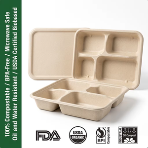 Offre Spéciale : Boîte à <span class=keywords><strong>lunch</strong></span> biodégradable en bagasse de canne à sucre à 4 compartiments avec couvercle, micro-ondable, recyclable, 22,5x17,5cm, jetable pour aliments - Product Image 1