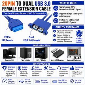 Cable de Montaje en Panel LUNG KAY con Doble Puerto USB 3.0, Conector de 20 Pines para Placa Base a 2 Puertos USB 3.0 A Hembra con Tornillo M3 para Servidor IPC - Product Image 3