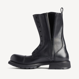 <span class=keywords><strong>Bottines</strong></span> sculpturales à bout rond pour femmes, talon bloc bas, double fermeture éclair latérale, mi-mollet, en microfibre, style motard, vente en gros OEM ODM - Product Image 3