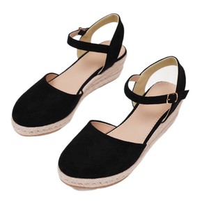 Sandales compensées en daim noir à bout fermé, plateforme, semelle extérieure en paille, fermeture à boucle, chaussures d'été pour femmes - Product Image 5