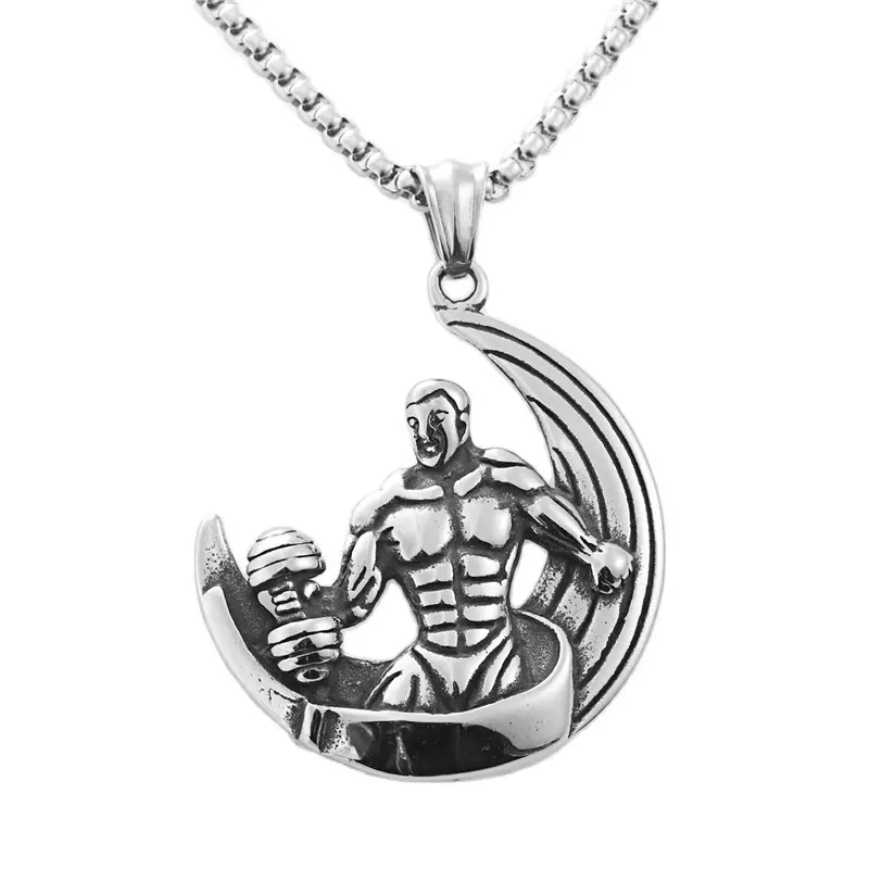 2022 ebay supply jewelry fitness muscular men dumbbell moon men stainless steel necklace