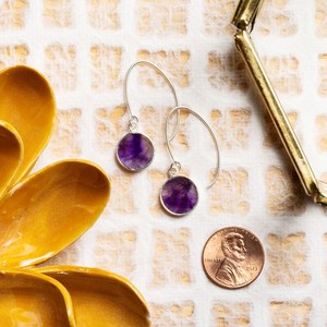 Purple Amethyst Long Circle Drop <b>Earrings</b> 925 Sterling Silver Minimalist Modern Gemstone <b>Earrings</b> Gift For Her - Product Image 4