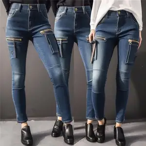 กางเกงยีนส์รัดรูปสาวอวบ,กางเกงลำลองกางเกงดินสอกางเกงเซ็กซี่มีกระเป๋าซิปกางเกงช่างยีนส์สำหรับผู้หญิง