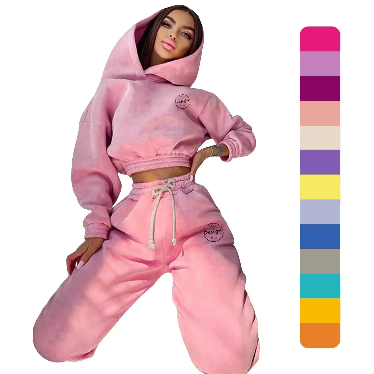 Luxo Sexy High Street Bordado Moda Duas Peças Conjuntos 100% Algodão Atacado Personalizado Jogger Cropped Hoodie Sweatsuit das Mulheres