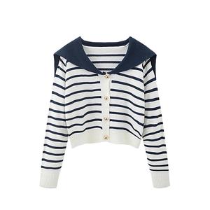 Automne col <span class=keywords><strong>marin</strong></span> rayure boutons femmes tricot Cardigan <span class=keywords><strong>pull</strong></span> haut - Product Image 2