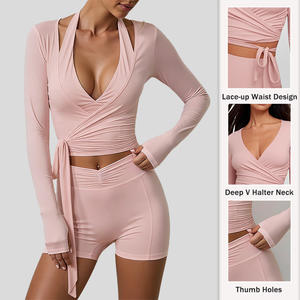 Nouvel ensemble de sport 3 pièces pour femme 2026 : Haut de <span class=keywords><strong>yoga</strong></span> enveloppant, soutien-gorge et short – Athleisure respirant à maintien élevé et anti-UV pour filles, idéal pour le Pilates - Product Image 1
