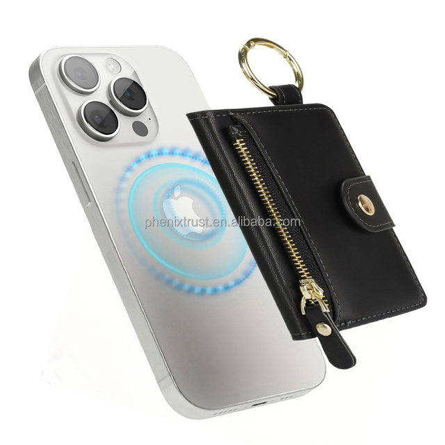 Small PU Leather Unisex Customized Stock Pouch Magnetic Zipper Card Magsafe Wallet with Nylon Lining for IPhones
