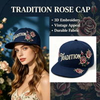 Gorra Snapback Azul Marino con Visera Plana, Bordado 3D de Rosas y Letras Coloridas, Estilo Urbano Vintage para Hombre y Mujer