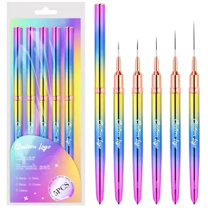 Escova de metal arco-íris para nail art, conjunto de 5 peças de 9mm, escova de nylon para nail art, novidade em linha de cabelo