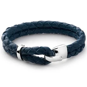 Large Mens Navy Leather Steel Hook Clasp Latest Bracelet For Teenager Men