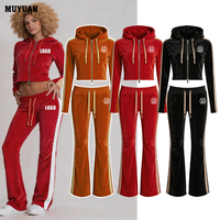 Ensemble de survêtement en velours deux pièces pour femmes avec côtés rayés, manches longues, coton et élasthanne, logo personnalisé, ensemble de jogging d'automne, streetwear décontracté