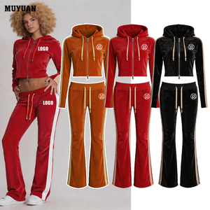 Completo da jogging da donna in velluto a <span class=keywords><strong>due</strong></span> pezzi con strisce laterali, maniche lunghe, in cotone ed elastan, personalizzabile con logo, <span class=keywords><strong>per</strong></span> l'autunno, casual, streetwear - Product Image 1
