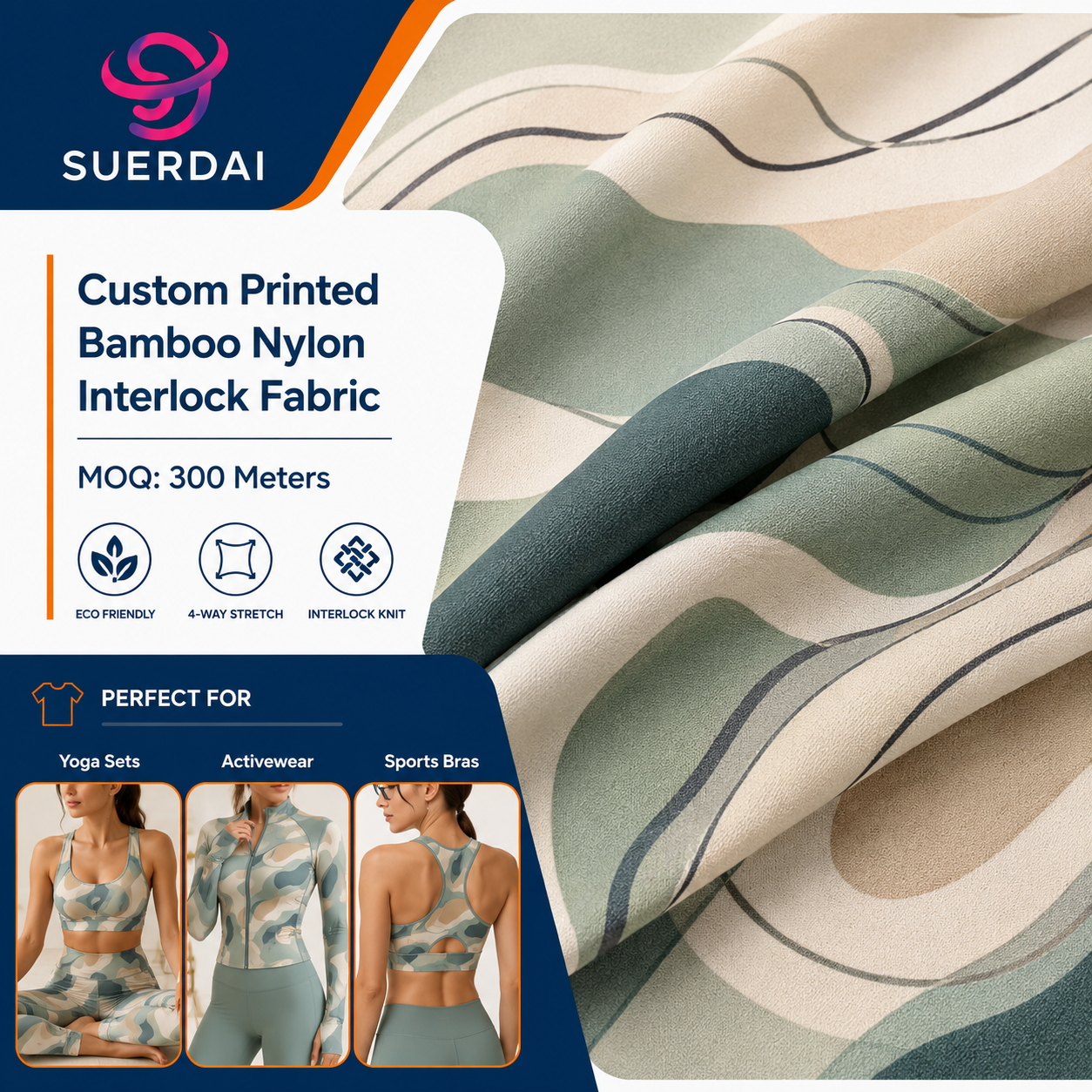Wholesale Digital Printed Bamboo Nylon Blend Interlock Fabric for Activewear Sourcing Strong Stretch Stable Knit Fabric