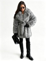 Manteau gris pour femme en fausse fourrure de renard avec ceinture, collection Hiver 2026, chaud, épais, mi-long, coupe oversize, col à revers, veste moelleuse, vêtement d'extérieur de luxe pour femme