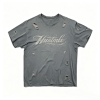 T-shirt personnalisé Kornit DTG pour homme, gris, effet vieilli, avec graphique « Hustle » en strass, coupe oversize, streetwear, logo personnalisé, OEM