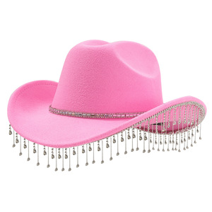 Chapeau de <span class=keywords><strong>cowgirl</strong></span> western en feutre à large bord avec franges en strass, style tiare, pour <span class=keywords><strong>costume</strong></span>, cosplay et fête - Product Image 1