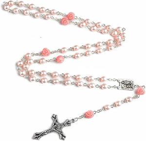 Collier <span class=keywords><strong>chapelet</strong></span> de perles roses catholique et notre collier de médaille et croix à fleurs roses <span class=keywords><strong>Lourdes</strong></span> - Product Image 1