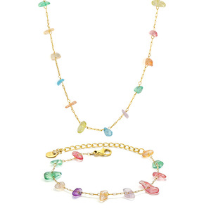 Irregular Colored Stone Necklace And <b>Bracelet</b> <b>Set</b> For Women Fashionable Party Jewelry Zinc Alloy Gold Tone - Product Image 1