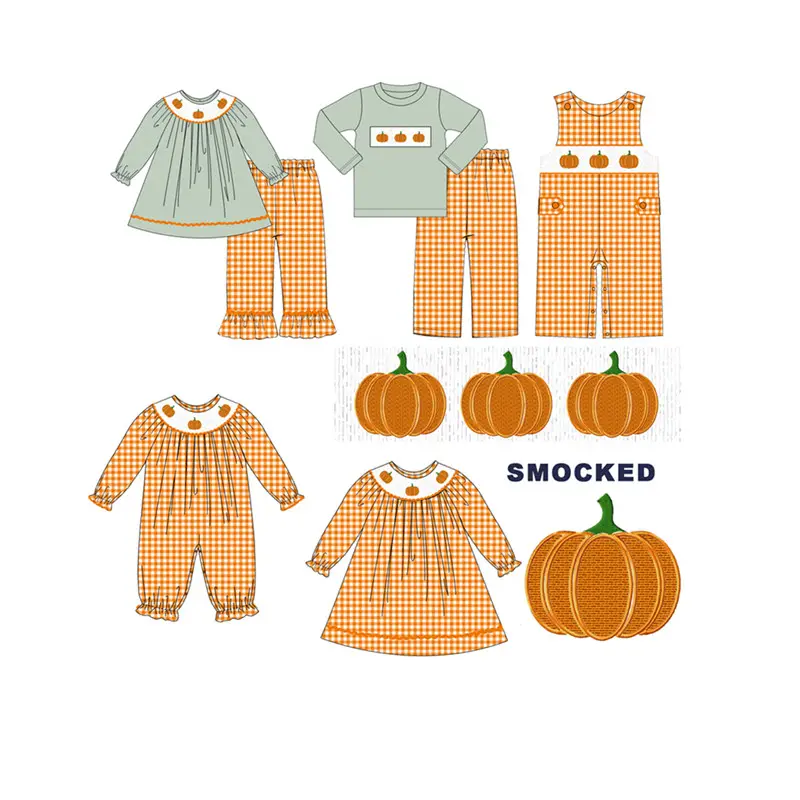 Gold Supplier New Style Customized Girls Smocking Dress Pumpkin Design Smocked Girls Dress