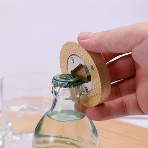Low MOQ Custom Engraving Logo Wooden Beer Opener Fridge Magnet Round Wood Bottle Opener For Souvenir