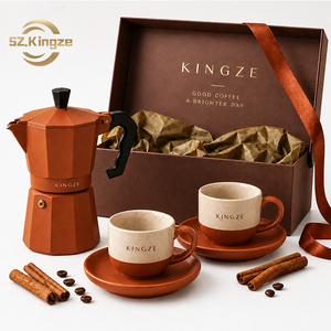 Coffret Cadeau Café Kingze : Cafetière <span class=keywords><strong>Moka</strong></span> en Aluminium avec Logo Personnalisé, Tasse et Soucoupe en Céramique, Machine à Expresso pour Plaque de Cuisson – OEM/ODM pour Marques et Hôtels - Product Image 1