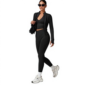 Conjunto de Yoga para Mujer, Top Corto Gris sin Costuras, Leggings de Cintura Alta, Chaqueta de Manga Larga - Product Image 5