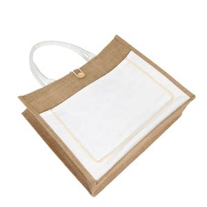 Factory Price Eco-friendly Recyclable Simple White <strong>Jute</strong> <strong>Tote</strong> <strong>Bag</strong> with Outside Pocket - Product Image 2
