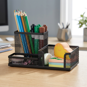 Organisateur de bureau en maille JM9058, porte-crayons avec 3 compartiments, porte-stylos en métal, accessoires de bureau, paniers de rangement - Product Image 3