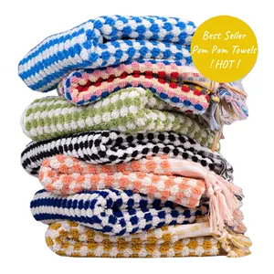 700gsm Hand Loomed Pom Pom Waffle Turkish Towel 100% Organic Cotton Quick-Dry Square Woven Design for Adults Home Use