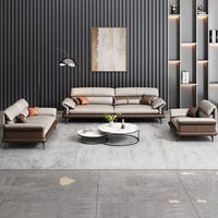 Ensemble de canapé en cuir marron crème bicolore, 2 pièces avec fauteuil, pieds en métal à profil bas, coussins rembourrés, meubles de salon