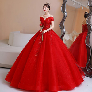 Robe de soirée rouge à épaules dénudées, robe de bal sans manches pour fête de mariage, robe de mariée élégante en tissu polyester - Product Image 2
