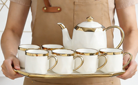 Ensemble de tasses à café en céramique avec bordure dorée de luxe, glaçure colorée, soucoupe en porcelaine, tasse à thé en céramique, cafetière en céramique avec plateau