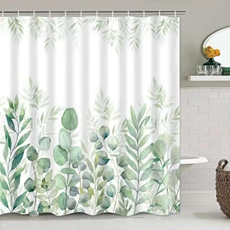 Set tirai mandi kutipan lucu dengan karpet antiselip, penutup tutup Toilet dan alas mandi, Tirai mandi hijau dengan 12 kait