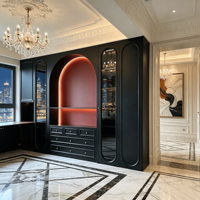 Armoire murale en bois courbée de style rétro français avec évier intégré, finition noir mat moderne, pour l'aménagement intérieur de villas haut de gamme