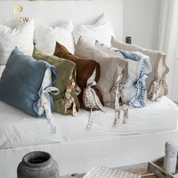 Housse de coussin en lin personnalisée avec fermeture à nœud papillon en ruban à carreaux, marron naturel, style ferme, pour la maison et l'hôtel