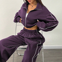 Vente en gros Survêtement passepoil à rayures personnalisées Veste à glissière à épaules tombantes Ensemble baggy de jogging Ensemble de gymnastique 2 pièces pour femmes
