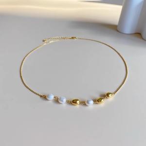 Japanese Korean Style Light Luxury Natural Freshwater Pearl Gold Bean <b>Bead</b> Collarbone Sweater <b>Necklace</b> 14K Fine Beaded <b>Necklaces</b> - Product Image 2