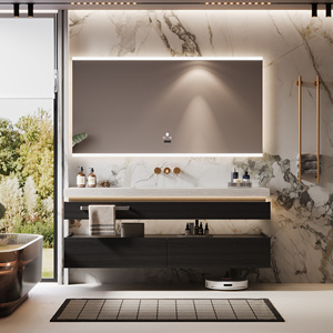 Meuble-lavabo flottant classique en bois massif, style luxe naturel, avec vasque en pierre frittée et armoire miroir LED intelligente - Product Image 6
