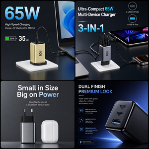 Adaptador de Carga Rápida OEM ODM de <span class=keywords><strong>65w</strong></span> al por Mayor, Cargadores Multifuncionales Portátiles para Teléfonos Móviles iPhone, <span class=keywords><strong>Samsung</strong></span> y Android - Product Image 2