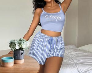 Annshine – Pyjama suspendu pour femme, motif rayé et lettres, en soie de lait, ensemble décontracté imprimé lettres – Ventes flash - Product Image 2