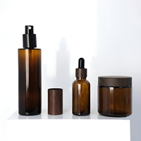 Kit de flacons en verre pour soins de la peau avec compte-gouttes et vaporisateur, couvercle à motif bois par transfert d'eau, cosmétiques vides teintés et givrés, fournisseur en gros