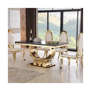 Mármore lado pedra mesa ouro aço inoxidável mobiliário grosso mármore mesa de jantar conjunto 6 lugares mesas de jantar