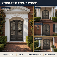 Porte d'entrée moderne en fer forgé sur mesure avec insert en verre texturé et décorations en volutes, étanche, pour villa et maison, options de couleur personnalisées