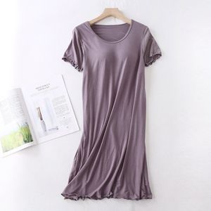 Baju tidur wanita, baju tidur wanita lembut Modal gaun tidur musim panas lengan pendek nyaman <span class=keywords><strong>Midi</strong></span> <span class=keywords><strong>pakaian</strong></span> tidur dengan rak bawaan Bra grosir Logo kustom - Product Image 4