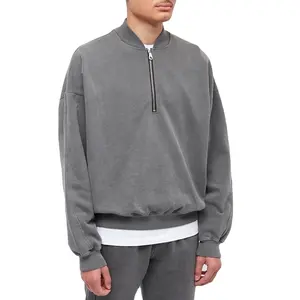100% Cotton Vintage Garment Dyed Plain Blank Boxy Fit Oversized Pullover Mens Quarter Zip Collar Sweatshirt
