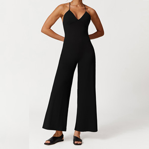 Combinaison de sport pour <span class=keywords><strong>femme</strong></span> de haute qualité, col en V profond, couleur unie, dos nu, jambe large, pour la course et l'entraînement - Product Image 3