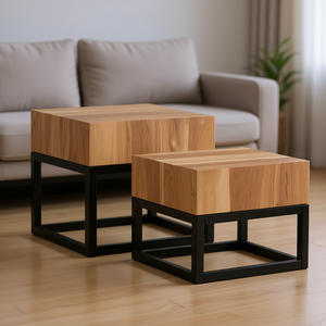 Solid Acacia Wood Nesting Coffee Tables Natural <b>Black</b> Metal <b>Frame</b> Modern Living Room Furniture Set Of 2 - Product Image 2