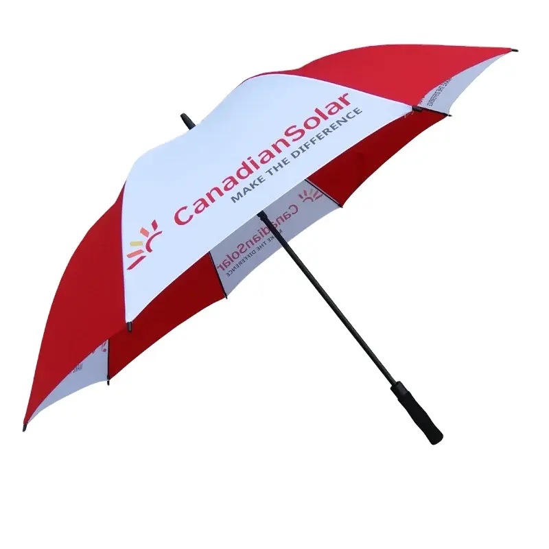 Paraguas promocionales de marca paraguas de golf de color rojo y blanco paraguas a prueba de viento de fibra de vidrio de 8 costillas