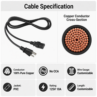 Câble d'alimentation CA à 3 broches NEMA 5-15P vers IEC C13 18AWG 10A 125V pour PC de bureau, moniteur, imprimante, avec fil de cuivre en vrac