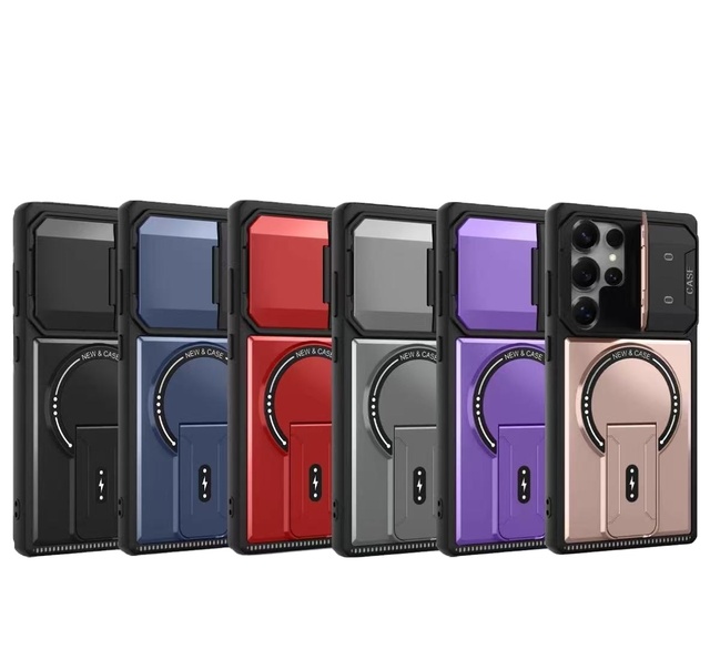 New Bracket Magnetic Shell TPU+PC+hardware Three in One Material Flip Style Lens Cover Phone case